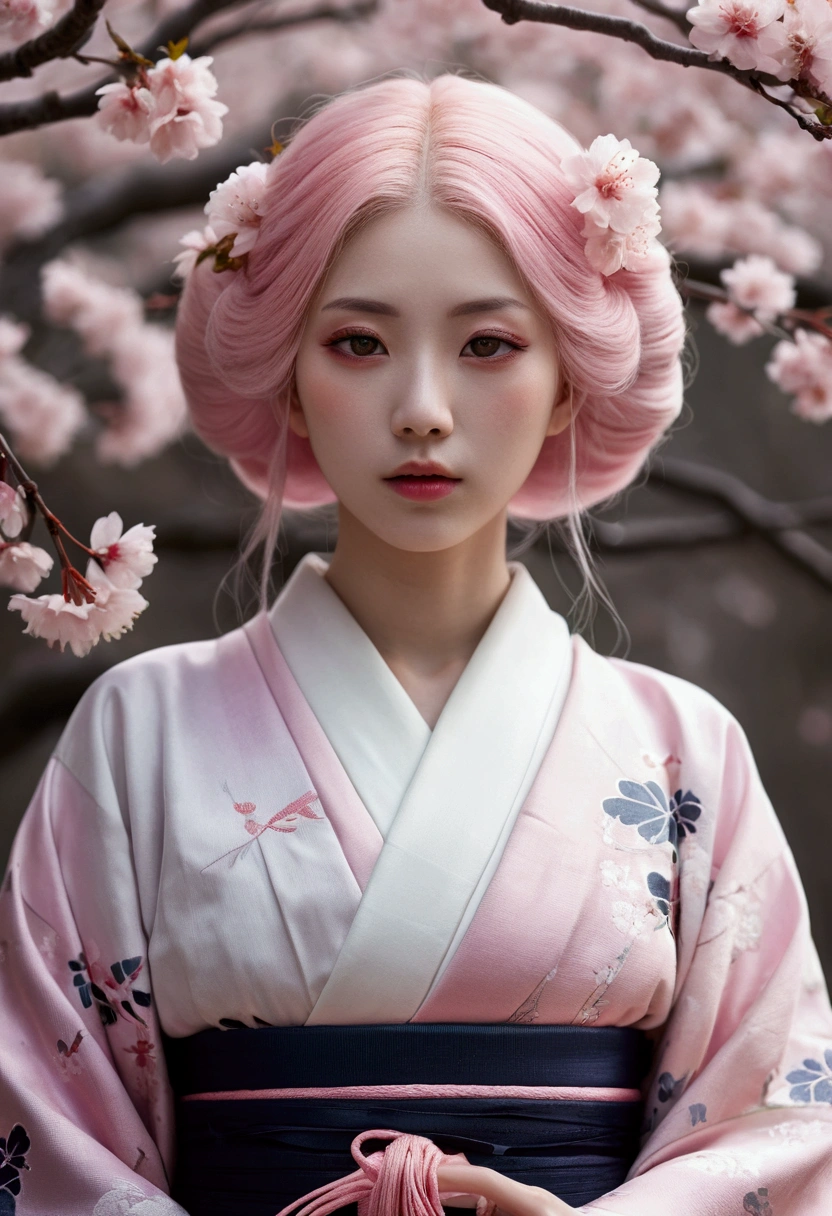 Surreal, Very detailed, High-resolution 16K images, A beautiful female ghost or guardian spirit. She has pale pink hair and clear skin., She is wearing a traditional Japanese kimono with a small cherry blossom pattern on the obi.。. This image captures the ethereal beauty and mystery of the spirit world.。. This style is delicate, The gentle aesthetics of traditional Japanese art.