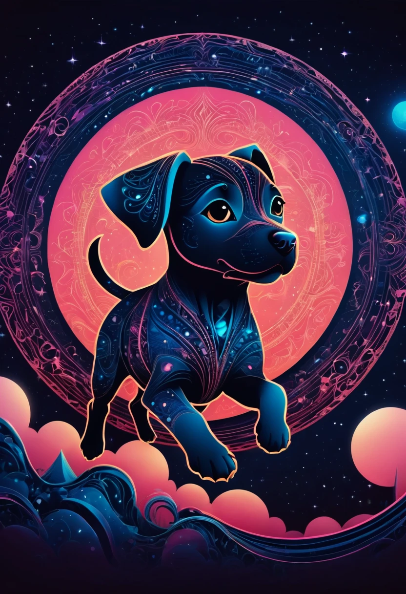 (best quality, highres, ultra sharp), magical, Flying Puppy silhouette, about the curvature of space time, in a dark night, art deco, zentangle, 3d crunch, cinematic, wide angle, pink diffusion,