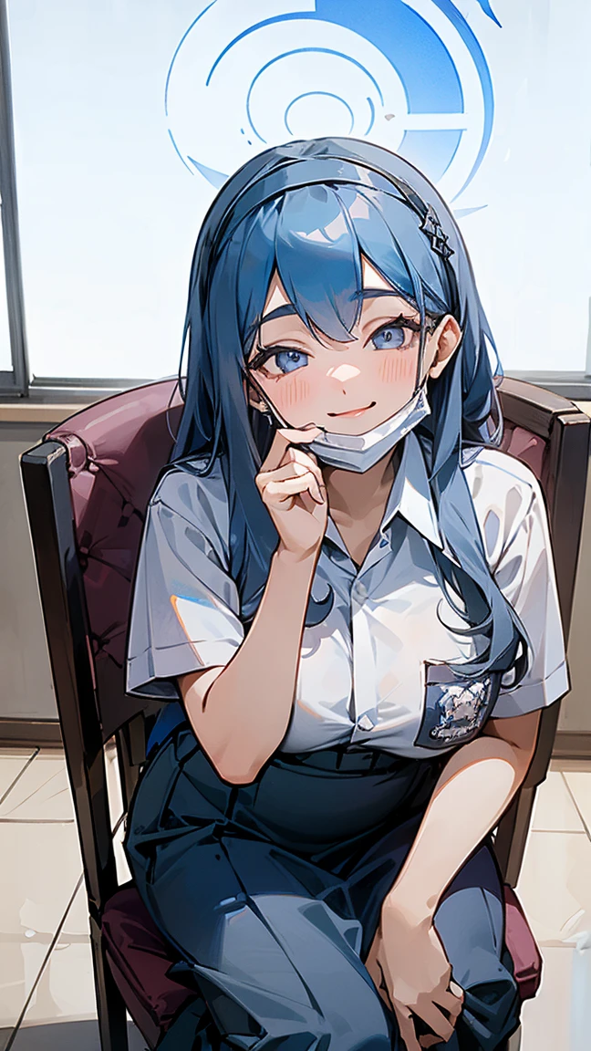 1 woman, , (long hair, hairband, blue hair), scared face expression, plump body, blue eyes, Indonesian high-school uniform, (smile:1.4), osis logo on shirt pocket, huge XL breasts, light-grey pleated skirt, sitting on a chair, seductive pose, full body shot, smiling, in the classroom, smile. ako_bluearchive, wearing a mask (mask_pull, white surgical mask, surgical mask fit his face:1.2).