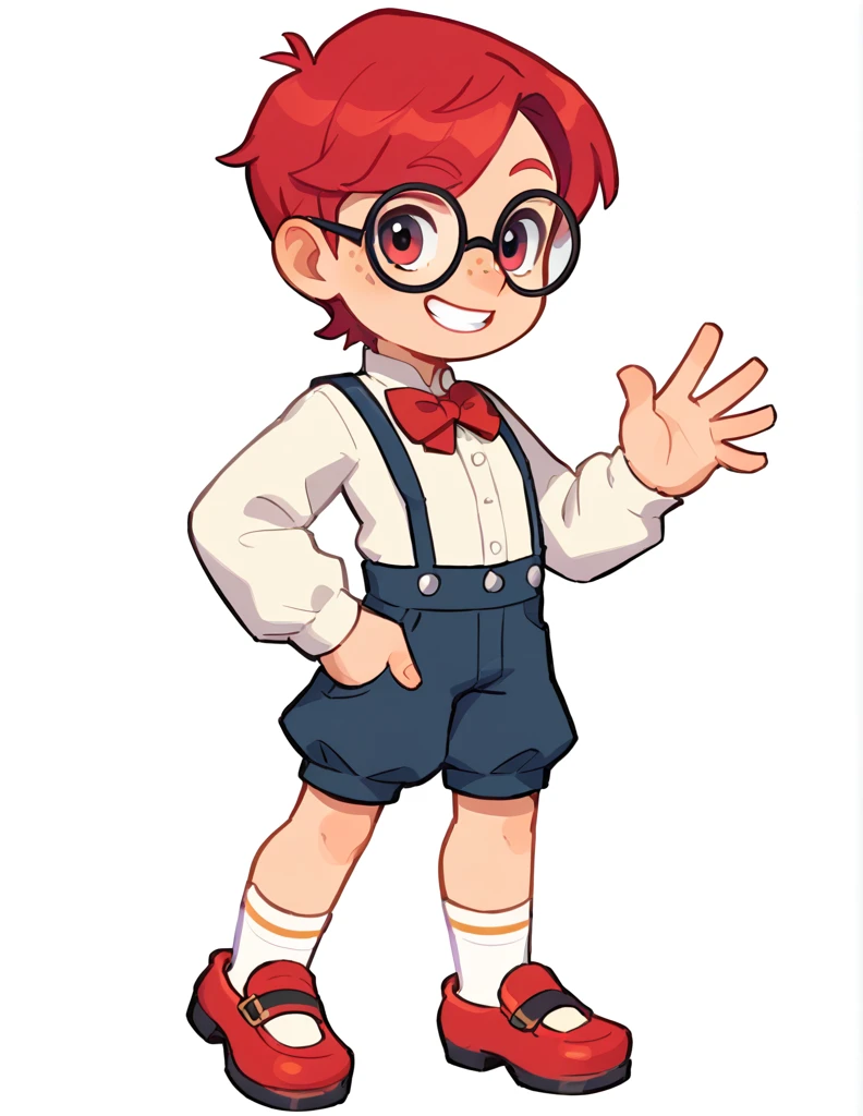 solo, The Q version of the cute human, male, falu red hair, freckles, short hair, round eyeglasses, big eyeglasses, human ears, standing, victory signal with one hand, raising hand, smiling, eyes looking at viewer, happy, smile, grin, showing teeth, eyes blinking, cute, white background, full body, red bowtie, preppy uniform, short pants, long white socks, old shoes, paperboy outfit, victorian outfit, suspenders, shorstack, chubby, 