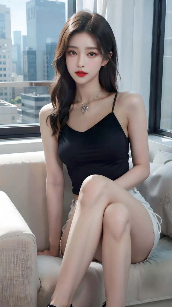 A young girl,High Detail,8K resolution,Clear eyes,Smooth hair,Exquisite facial features,big eyes,Long eyelashes,earrings,necklace,Lipstick,Red lips,Sweet eyes with silkworms,Smile,Dynamic Angle,,Ultimate image quality,High Detail,Highest precision,Precise and perfect human structure,Long hair,((Leather Camisole)),((sofa)),formal,Black high heels,Hydrated lips,坐sofa上,,Seven-point lens