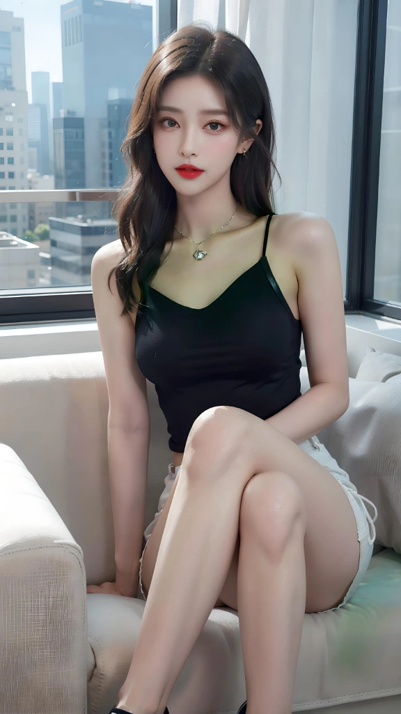 A young girl,High Detail,8K resolution,Clear eyes,Smooth hair,Exquisite facial features,big eyes,Long eyelashes,earrings,necklace,Lipstick,Red lips,Sweet eyes with silkworms,Smile,Dynamic Angle,,Ultimate image quality,High Detail,Highest precision,Precise and perfect human structure,Long hair,((Leather Camisole)),((sofa)),formal,Black high heels,Hydrated lips,坐sofa上,,Seven-point lens