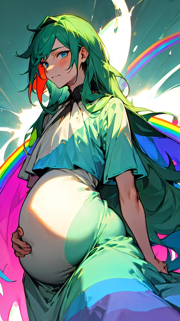 Pregnant trans man,long dark green hair, blue eyes, rainbow dress