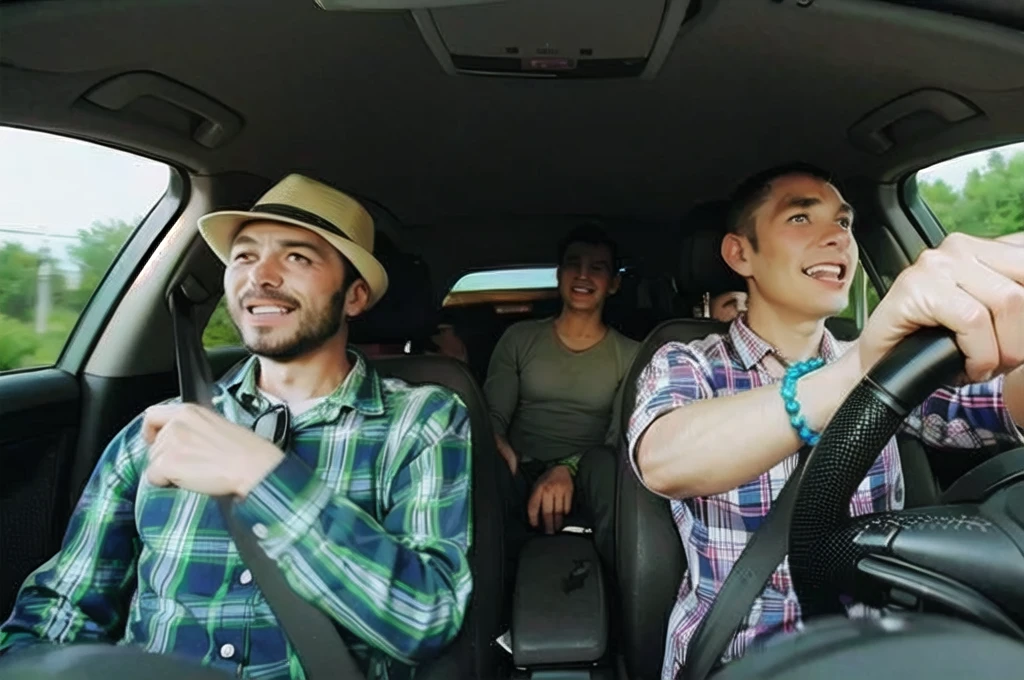 girl and guy driving and singing, colorful, anime friends