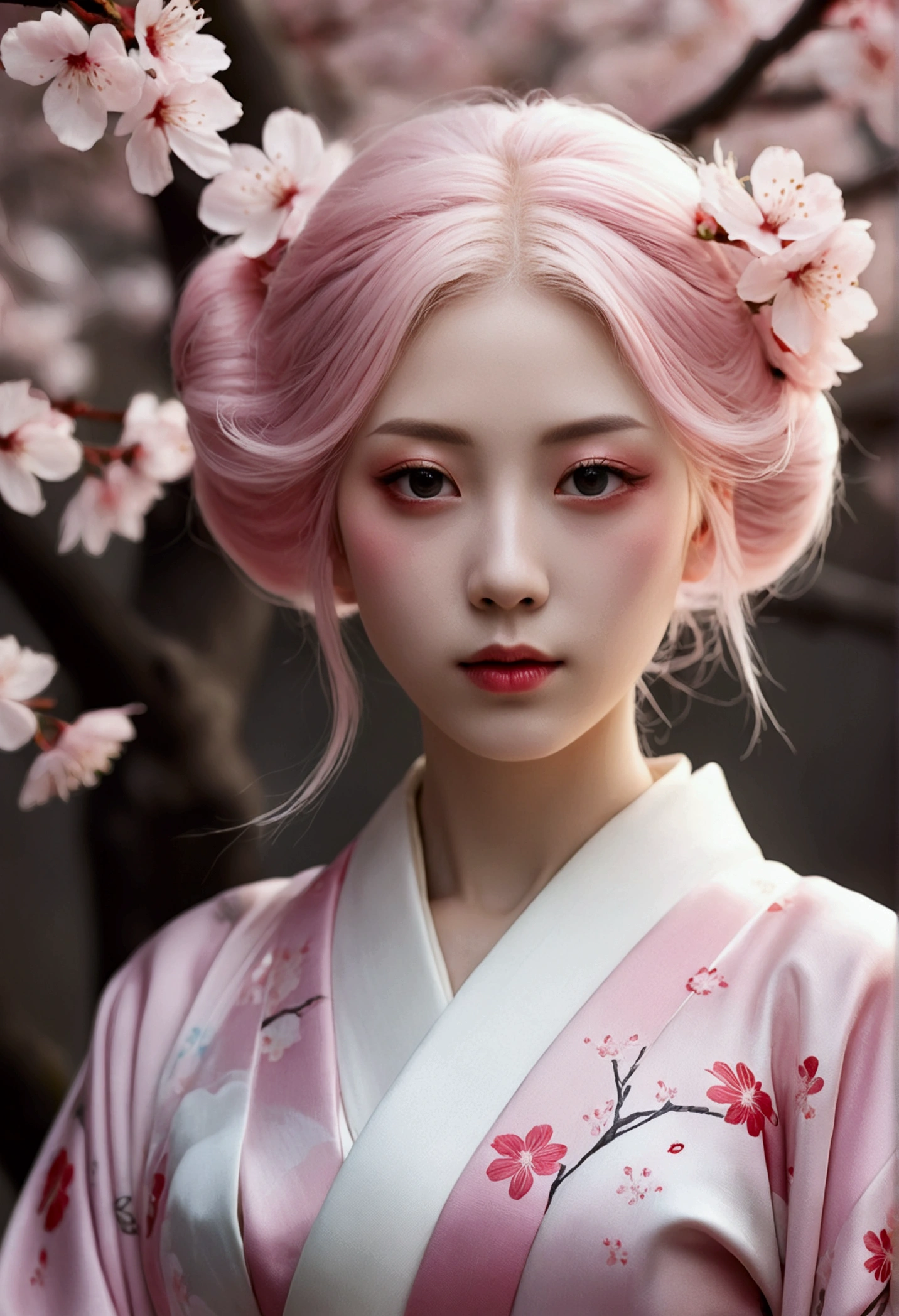 Surreal, Very detailed, High-resolution 16K images, A beautiful female ghost or guardian spirit. She has pale pink hair and clear skin., She is wearing a traditional Japanese kimono with a small cherry blossom pattern on the obi.。. This image captures the ethereal beauty and mystery of the spirit world.。. This style is delicate, The gentle aesthetics of traditional Japanese art.