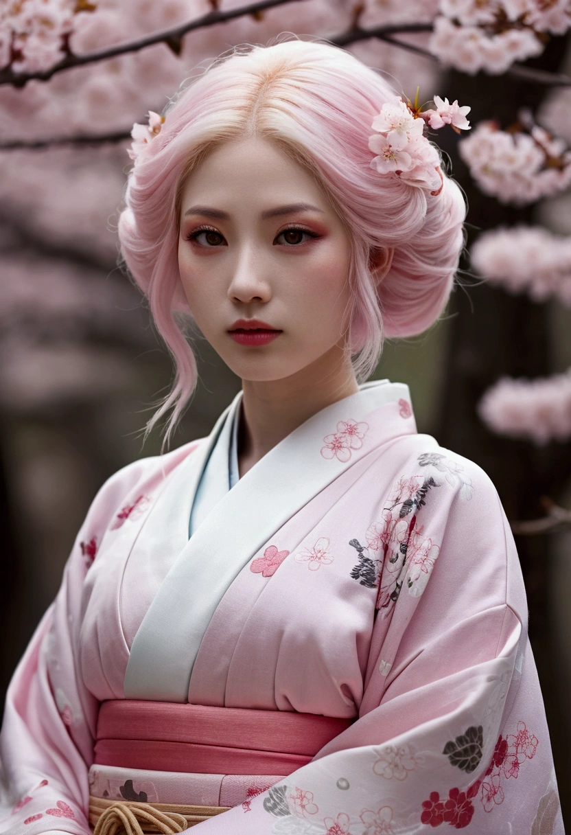 Surreal, Very detailed, High-resolution 16K images, A beautiful female ghost or guardian spirit. She has pale pink hair and clear skin., She is wearing a traditional Japanese kimono with a small cherry blossom pattern on the obi.。. This image captures the ethereal beauty and mystery of the spirit world.。. This style is delicate, The gentle aesthetics of traditional Japanese art.