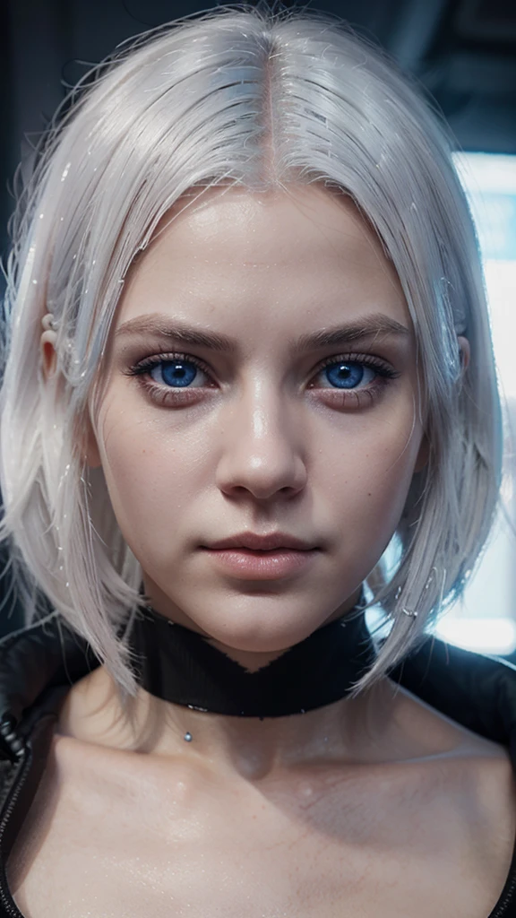 Young girl, white hair, blue eyes, full lips, highly realistic, Excellent rendering, 4k realistic eyes, realistic face, symmetrical head ai cyberpunk