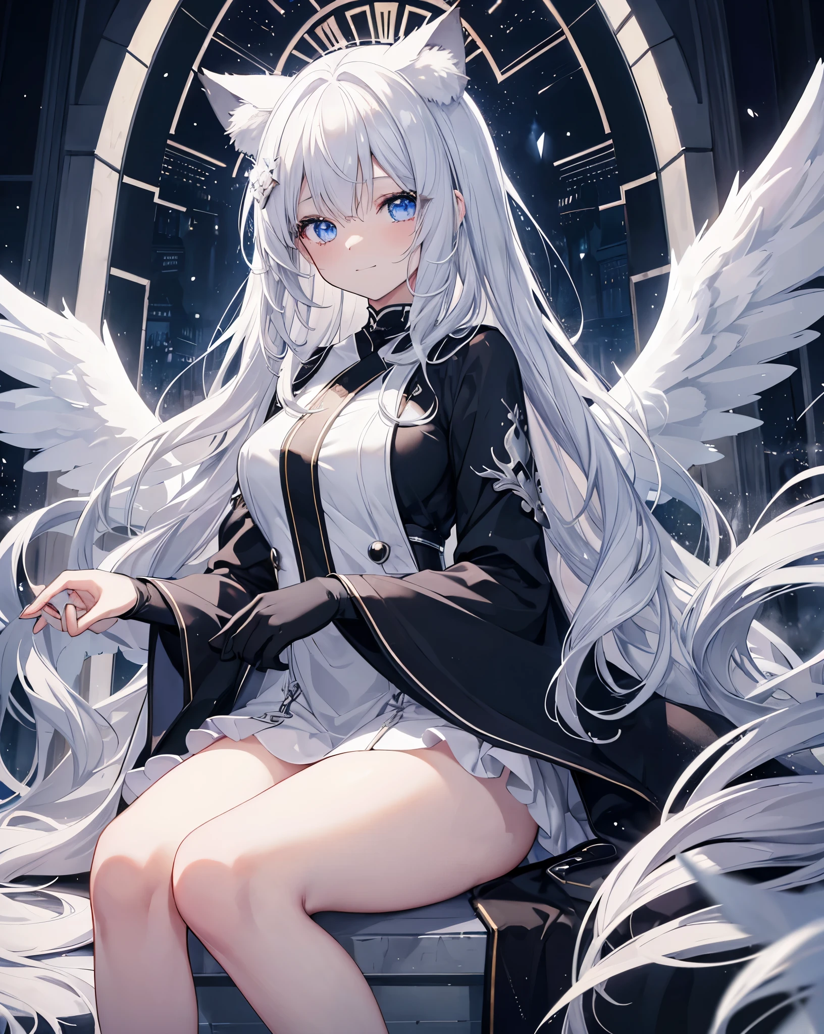 Very long hair、Silver Hair、Detailed sparkly eyes、Blue eyes、Three pairs of angel wings、Embarrassing、Nervous smile、shine、reflected light、ultra clear digital painting、 anime masterpiece、Textured Skin、Super Detail、High Detail、high quality、最high quality、High Resolution、16K、shine、Monastic Clothes、Nuns、church、Stained glass. ((neko ears)), ((silver fox tail)), she's playing the piano while lots of white and black feather are falling from the sky. HDR, lots of light effects and lightflare. she's skinny with medium breasts.