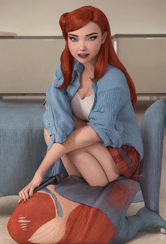 Girl  in red hair and blue eyes, sitting on the floor, on her knees, realistic , hyperrealistic , a hyperrealistic , school girl, cute , beautiful  high school girl, commission for high res, thighhighs and skirt, teasing smile, wearing skirt,  school girl,Barbara Gordon 