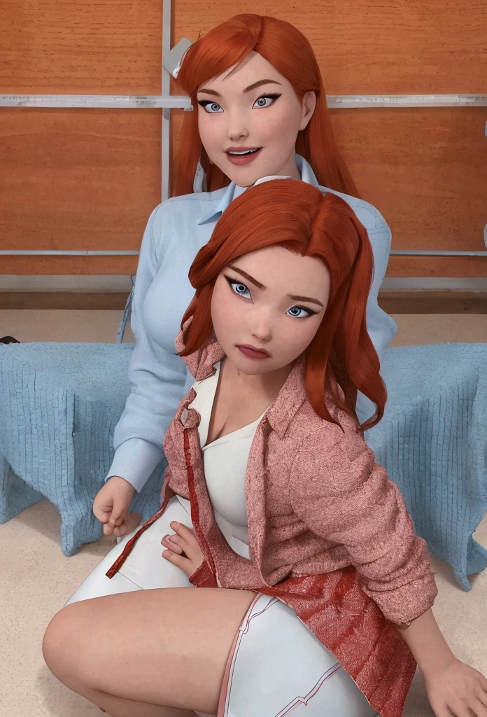 Girl in red hair and blue eyes, sitting on the floor, on her knees, realistic , hyperrealistic , a hyperrealistic , school girl, cute , beautiful high school girl, commission for high res, thighhighs and skirt, teasing smile, wearing skirt, school girl,Barbara Gordon