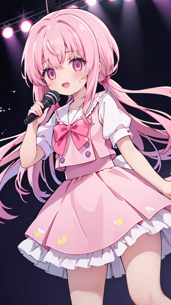 1girl,pink hair, pink eyes with love, detailed eyes, straight hair, straight bangs, shiny hair,
,red bowtie,purple skirt,purple shirt,pleated skirt,short sleeves,idol、sing, while holding a microphone, singing, mouth open, laughter,、smile、Sweat、cute、stage、In the spotlight、psyllium、Clear images、high resolution,looking at viewer, high-definition,masterpiece,best quality, masterpiece, best quality, high resolution, aabeta, double, white simple background, standing, slim waist, cute, sailor uniform, close up, (PastelColors: 1.3)