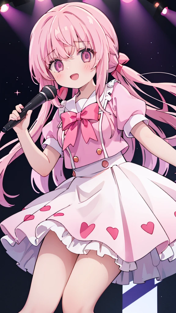 1girl,pink hair, pink eyes with love, detailed eyes, straight hair, straight bangs, shiny hair,
,red bowtie,purple skirt,purple shirt,pleated skirt,short sleeves,idol、sing, while holding a microphone, singing, mouth open, laughter,、smile、Sweat、cute、stage、In the spotlight、psyllium、Clear images、high resolution,looking at viewer, high-definition,masterpiece,best quality, masterpiece, best quality, high resolution, aabeta, double, white simple background, standing, slim waist, cute, sailor uniform, close up, (PastelColors: 1.3)