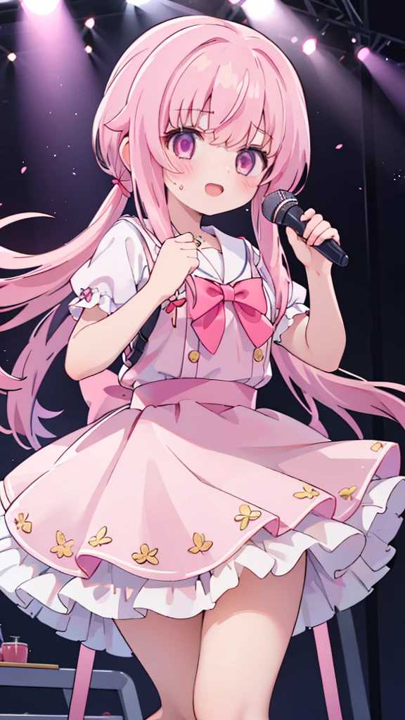 1girl,pink hair, pink eyes with love, detailed eyes, straight hair, straight bangs, shiny hair,
,red bowtie,purple skirt,purple shirt,pleated skirt,short sleeves,idol、sing, while holding a microphone, singing, mouth open, laughter,、smile、Sweat、cute、stage、In the spotlight、psyllium、Clear images、high resolution,looking at viewer, high-definition,masterpiece,best quality, masterpiece, best quality, high resolution, aabeta, double, white simple background, standing, slim waist, cute, sailor uniform, close up, (PastelColors: 1.3)