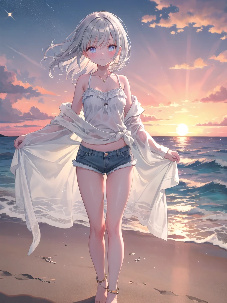 ((8k, best quality, master piece: 1.3)),super high resolution,(1 girl, solo), (colorshift eyes, hyperdetailed, expressive sparkling, glitter, glowing eyes), ultra detailed eyes, ultra-detailed face, random hair, ((silver gray color)), On a beach at sunset, a silver-haired woman is walking barefoot on the sand wearing a simple camisole and denim shorts. The orange sunset spreads in the background, and the sound of the waves gently lapping can be heard. She is standing in a relaxed position with a beach towel draped over her shoulders. The camisole is made of soft cotton, and the denim shorts give off a casual vibe. Silver anklets sparkle around her ankles, shining in the light of the setting sun. She smiles as she gazes into the distance, enjoying the sunset with a calm expression.