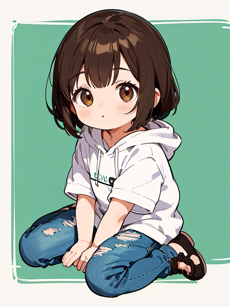 One , Brown Hair, Bob Hair, bangs, Character design drawings, anime, Ghibli-style colors, Gentle colors, Wearing a white short-sleeved hoodie and jeans、5 、Background is white