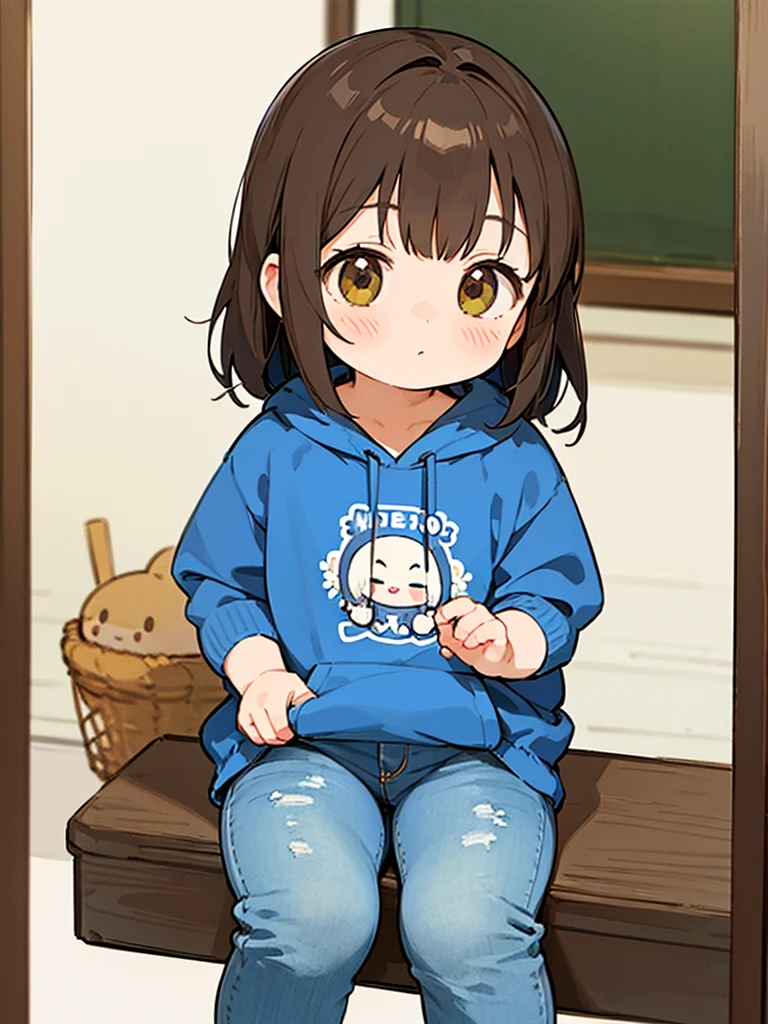 One , Brown Hair, Bob Hair, bangs, Character design drawings, anime, Ghibli-style colors, Gentle colors, Wearing a white short-sleeved hoodie and jeans、5 years old、Background is white