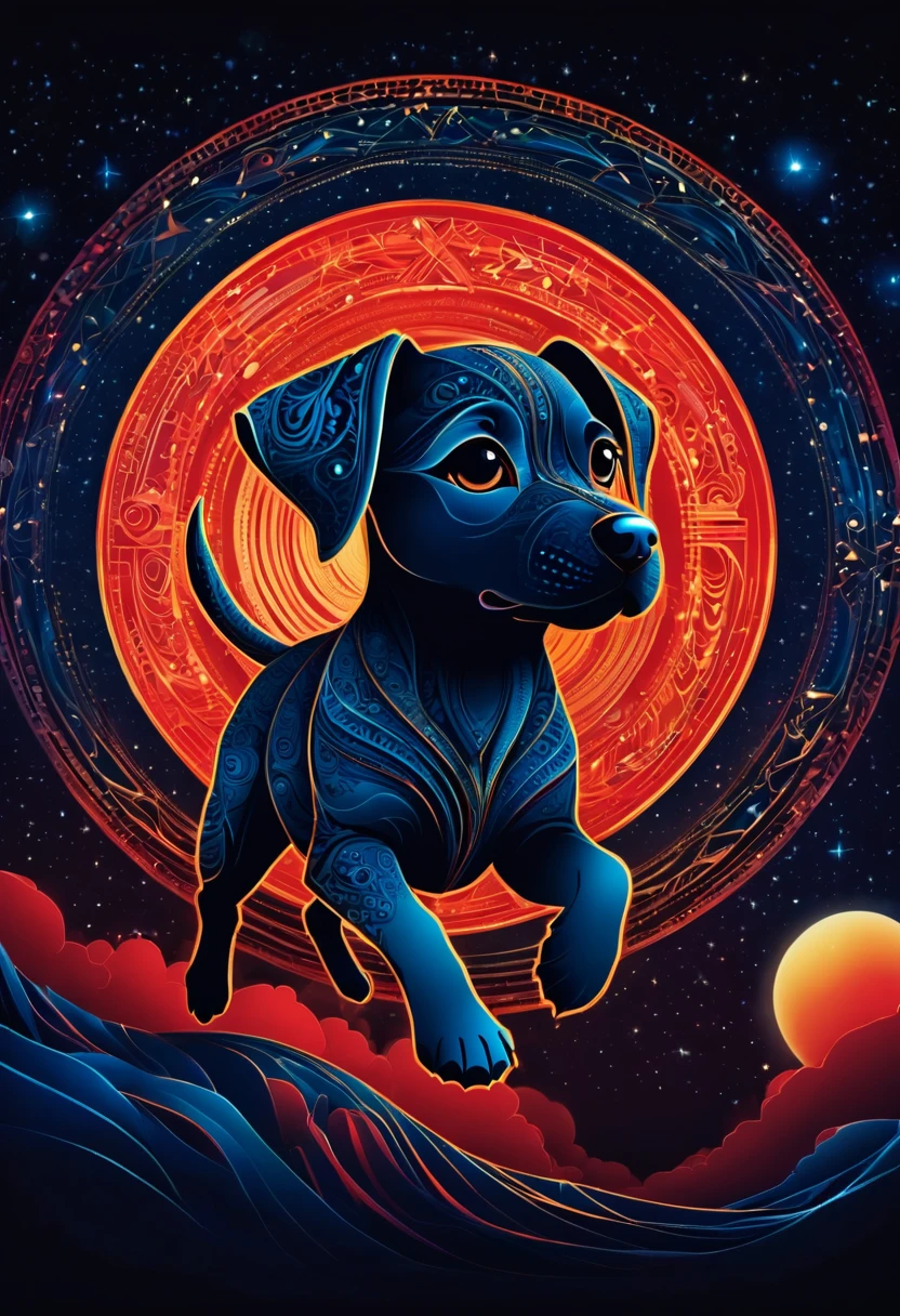 (best quality, highres, ultra sharp), magical, Flying Puppy  silhouette, about the curvature of space time, in a dark night, art deco, zentangle, 3d crunch, cinematic, wide angle, orange diffusion,