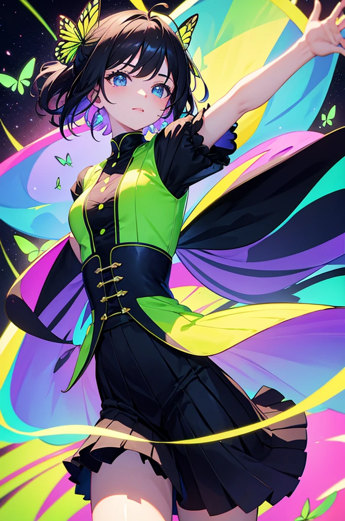 Black hair fluorescent butterfly skirt lively flying in the air