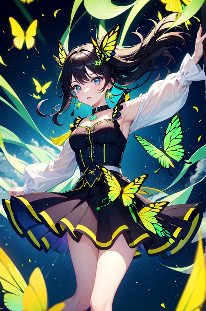 Black hair fluorescent butterfly skirt lively flying in the air