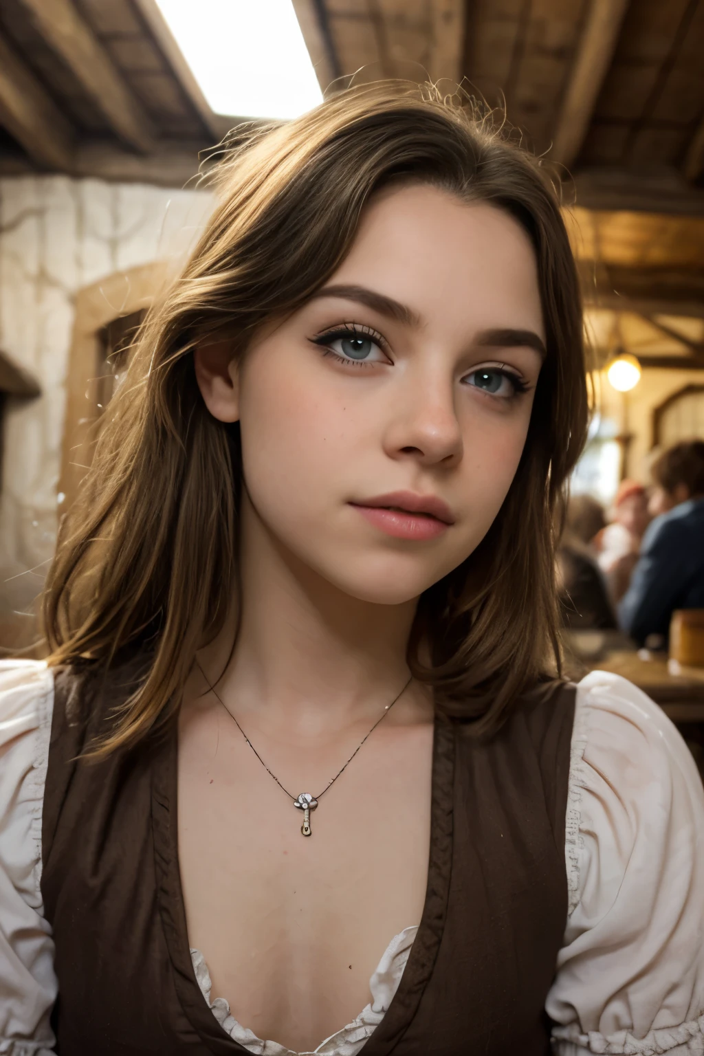 (Cute tween halfling hobbit), close up, bust focus, natural light, tomboy, skinny, thin, slim, lean, slender, nubile, posing for picture, blonde hair, blueeyes, warm lighting, thinner, perfect lips, fat lower lip, young, youthful, teen, teenager, in a wooden fantasy tavern, dirty brown tavern wench dress, big pointed ears