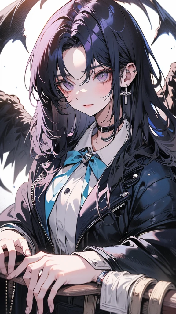 (Top resolution、Distinct_image)top-quality、(A girl) 、masterpiece、highly detailed, half body, Semi-realistic、 lpurple eyes 、18year old,
dark blue hair ,young 、Exquisite facial features、Facial features ,variation potrait, long hairstyles, , teenage, cool , cold sharp eyes, , {Very detailed 8k CG unit wallpaper}, students, whit oversized shirt , black tie, music classroom, (blue jacket on top)