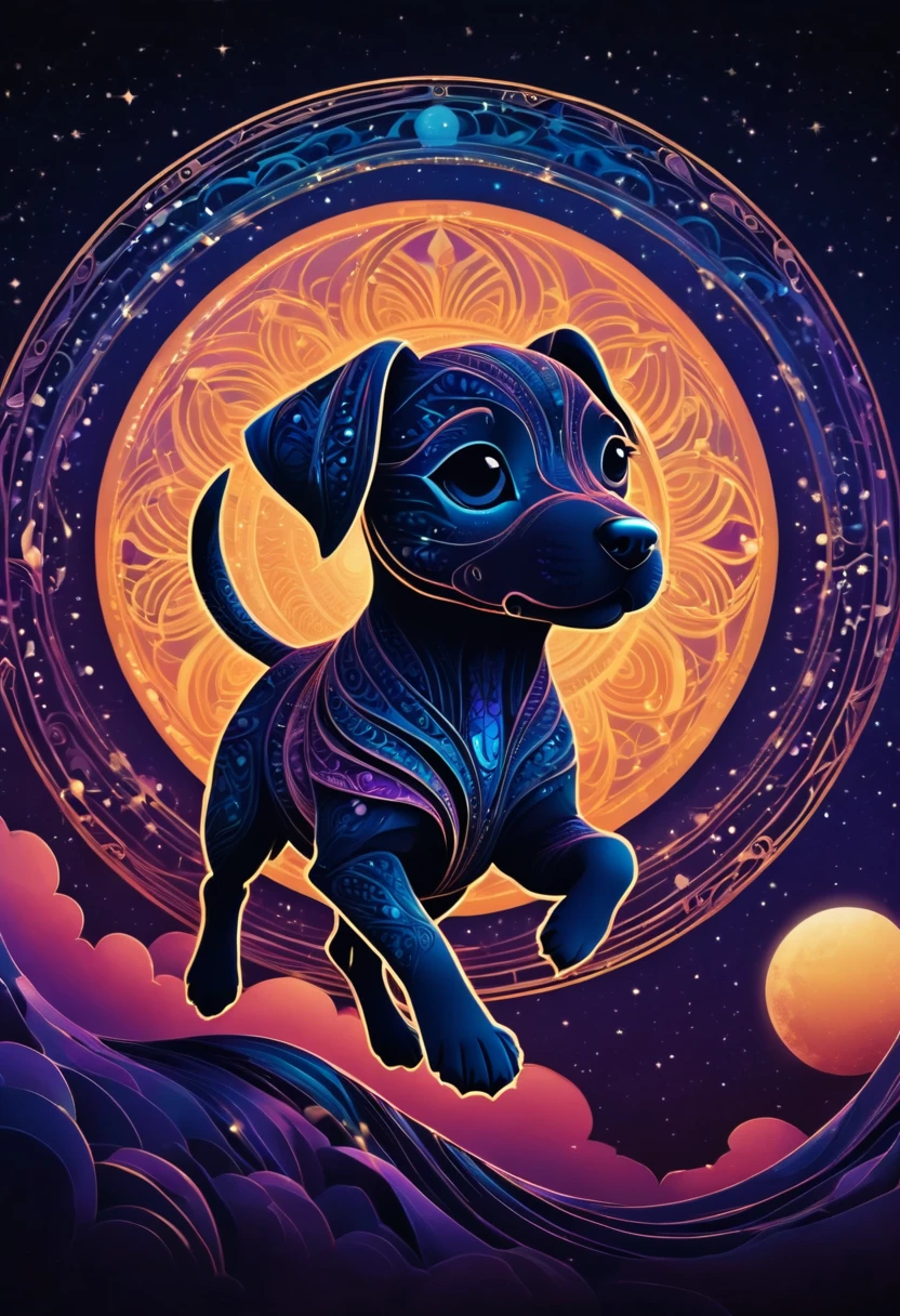 (best quality, highres, ultra sharp), magical, Flying Puppy silhouette, about the curvature of space time, in a dark night, art deco, zentangle, 3d crunch, cinematic, wide angle, purple diffusion,