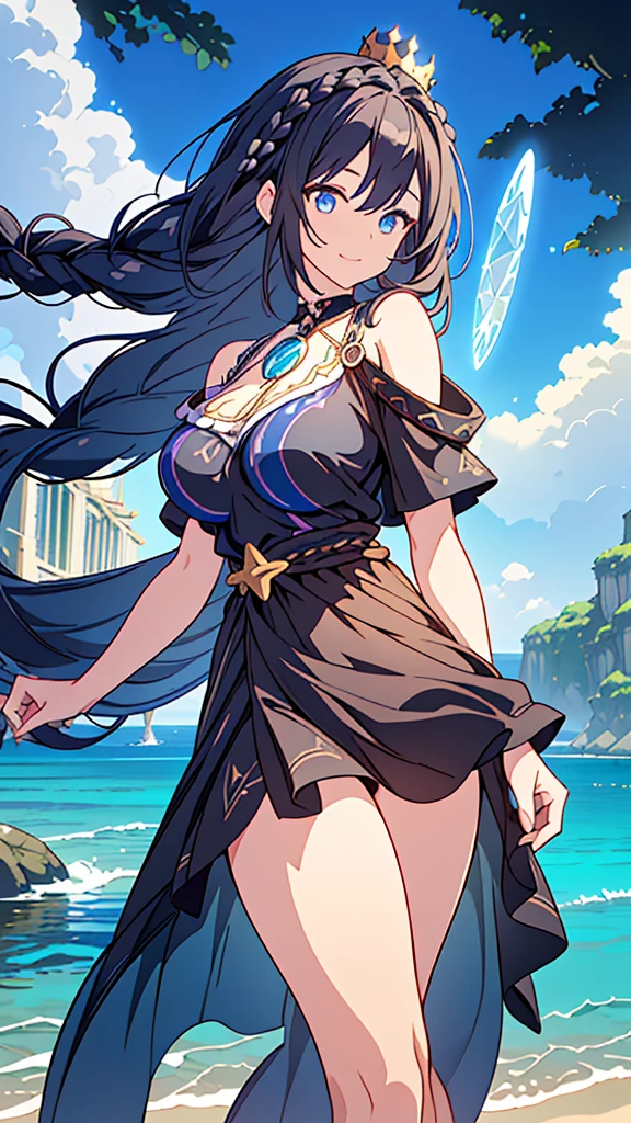 best quality, extremely detailed,anime style girl,long hair down to the waist, straight hair, ((dark black hair with bluish)),((crown braid)),beautiful detailed eyes, pinched eyes, (dark blue eyes),huge breasts,curvy,((((Mystical atmosphere  transparency dressswimwear)))),clothing with complex patterns,smile,((((casual beach)))),Sunlight,Diagonal angle,dynamic angle,active pose