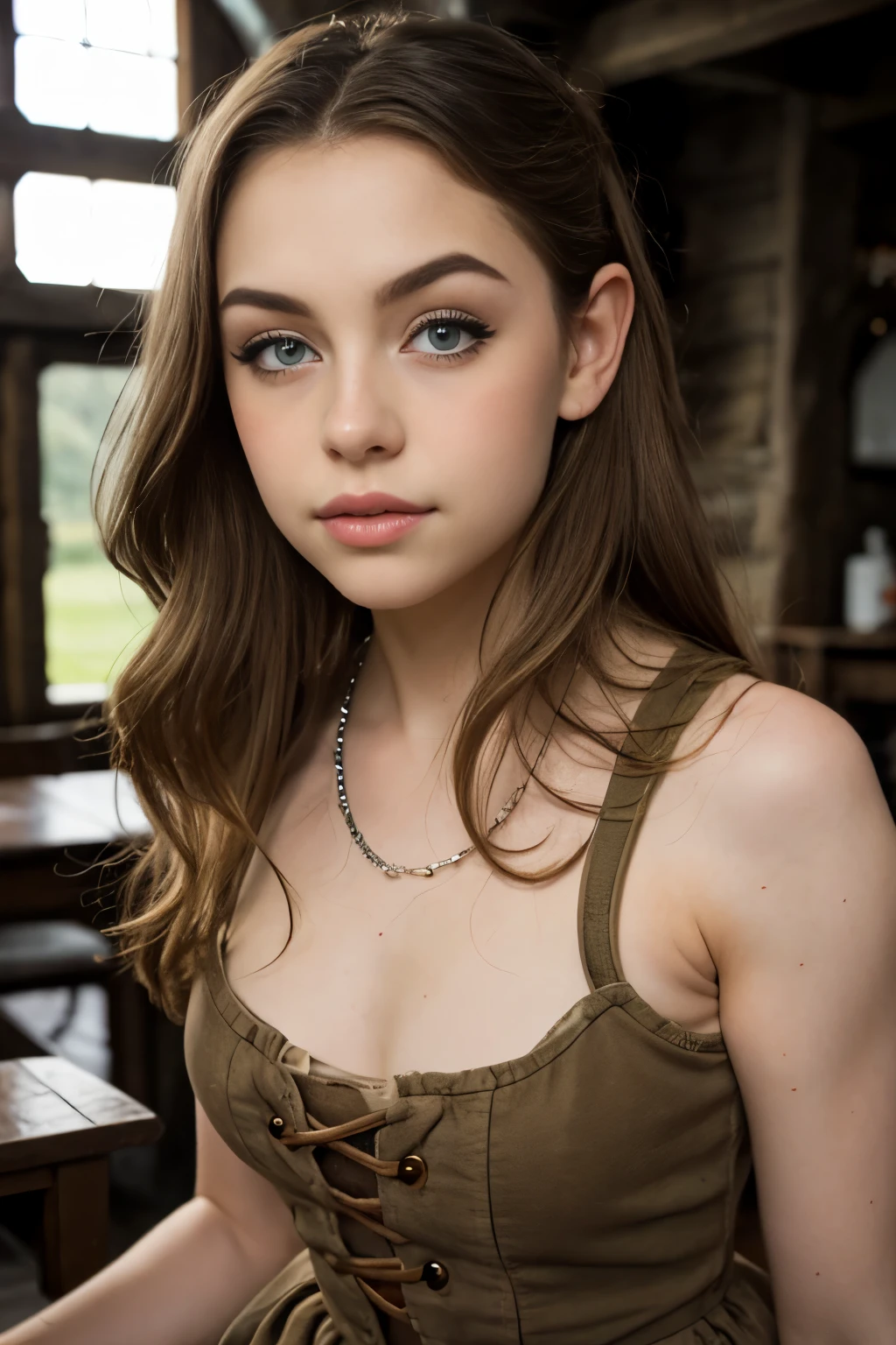 (Cute tween halfling hobbit), close up, bust focus, natural light, tomboy, skinny, thin, slim, lean, slender, nubile, posing for picture, blonde hair, blueeyes, warm lighting, thinner, perfect lips, fat lower lip, young, youthful, teen, teenager, in a wooden fantasy tavern, dirty brown tavern wench dress, big pointed ears