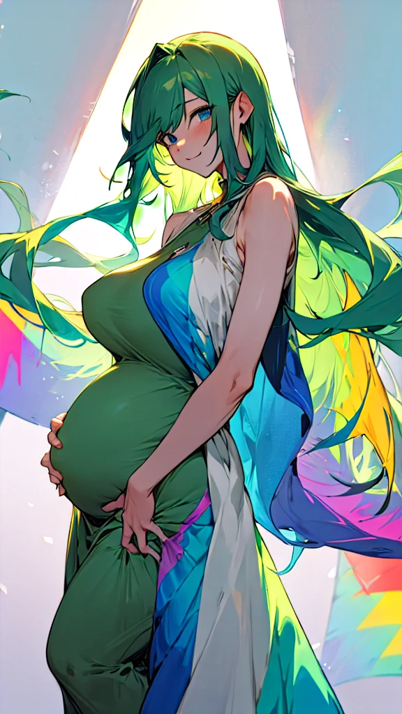 Pregnant trans man,long dark green hair, blue eyes, rainbow dress
