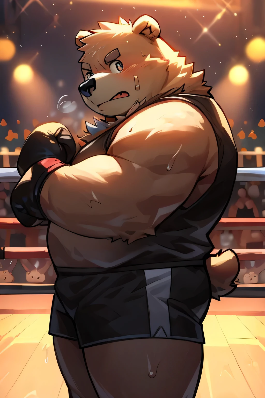 A fat little bear in the boxing ring，cute，sweat，Sharp eyes，Wearing shorts，