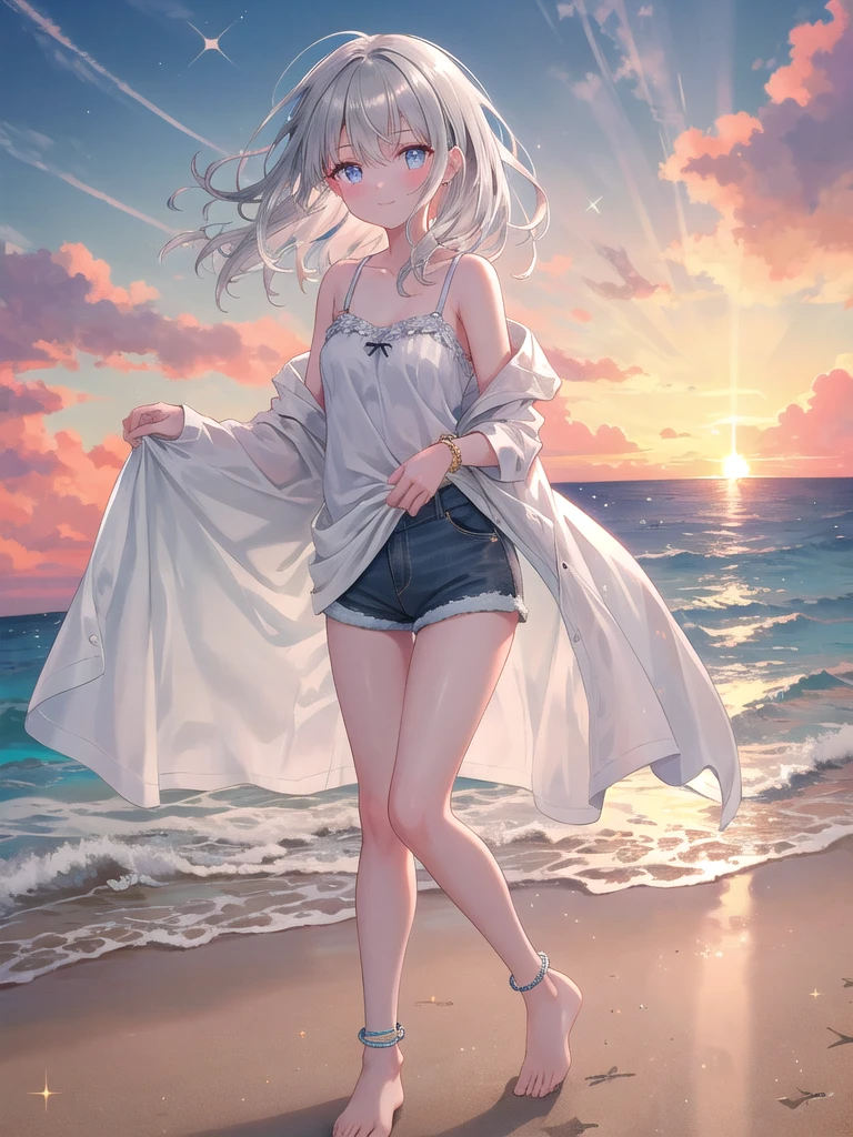 ((8k, best quality, master piece: 1.3)),super high resolution,(1 girl, solo), (colorshift eyes, hyperdetailed, expressive sparkling, glitter, glowing eyes), ultra detailed eyes, ultra-detailed face, random hair, ((silver gray color)), On a beach at sunset, a silver-haired woman is walking barefoot on the sand wearing a simple camisole and denim shorts. The orange sunset spreads in the background, and the sound of the waves gently lapping can be heard. She is standing in a relaxed position with a beach towel draped over her shoulders. The camisole is made of soft cotton, and the denim shorts give off a casual vibe. Silver anklets sparkle around her ankles, shining in the light of the setting sun. She smiles as she gazes into the distance, enjoying the sunset with a calm expression.