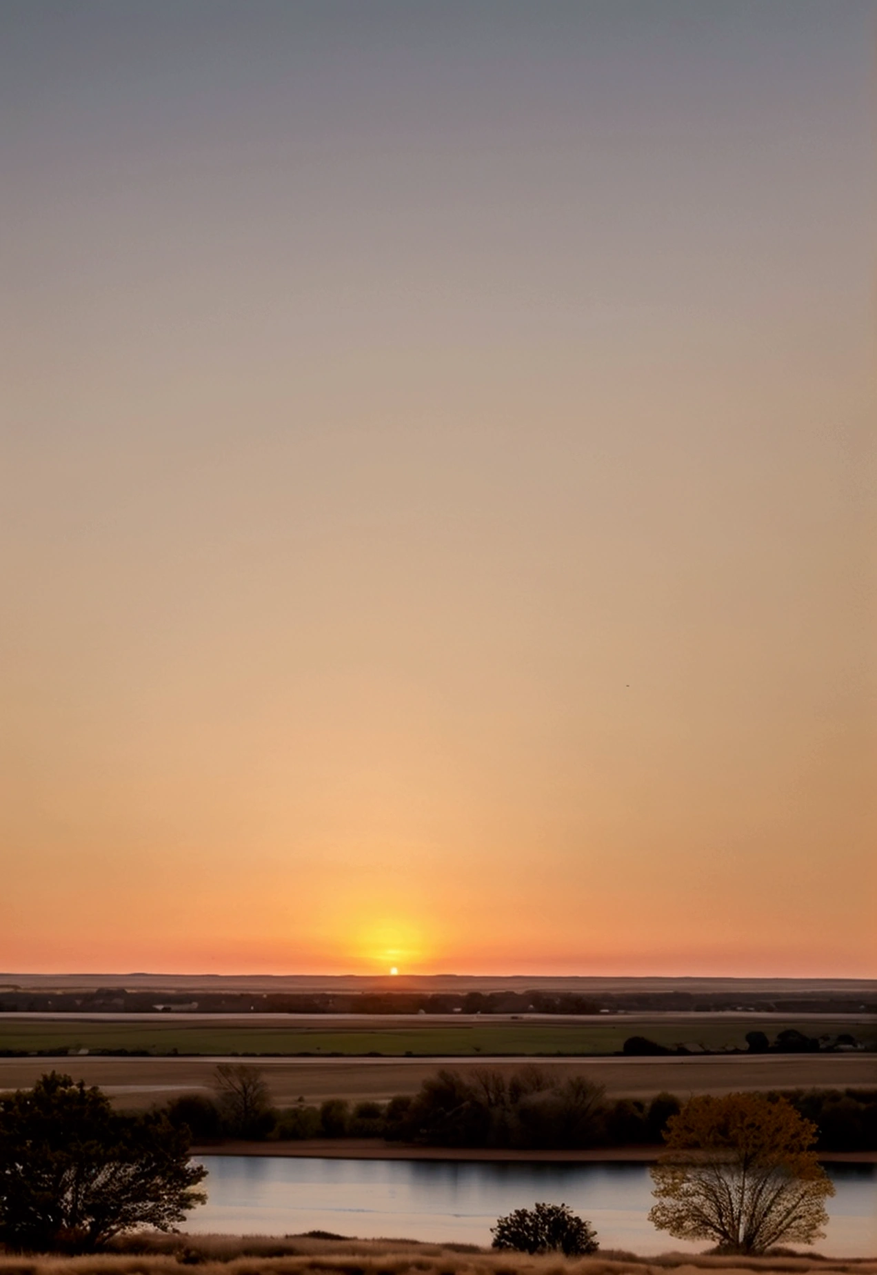 Peaceful landscape at dawn, Soft gold tones show the horizon, where birds sing, Image in 2560 x 1440 pixel format