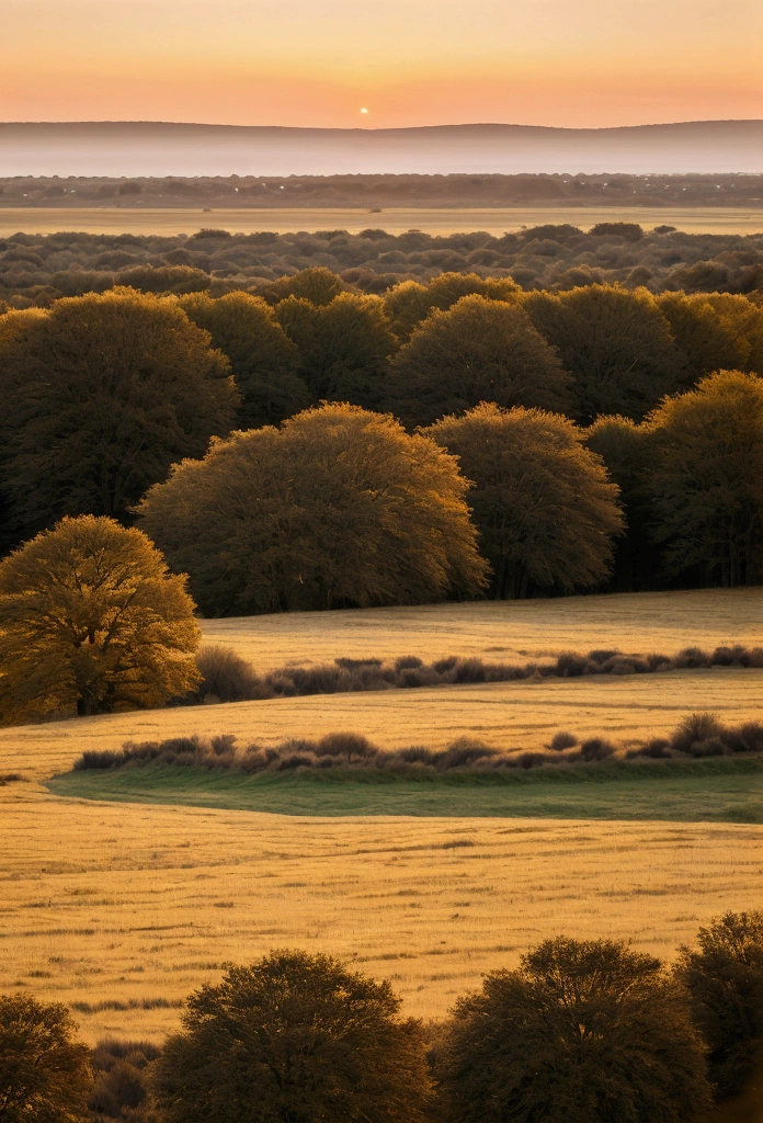 Peaceful landscape at dawn, Soft gold tones show the horizon, where birds sing, Image in 2560 x 1440 pixel format