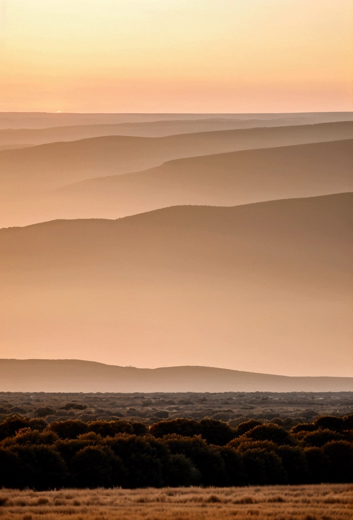 Peaceful landscape at dawn, Soft gold tones show the horizon, where birds sing, Image in 2560 x 1440 pixel format