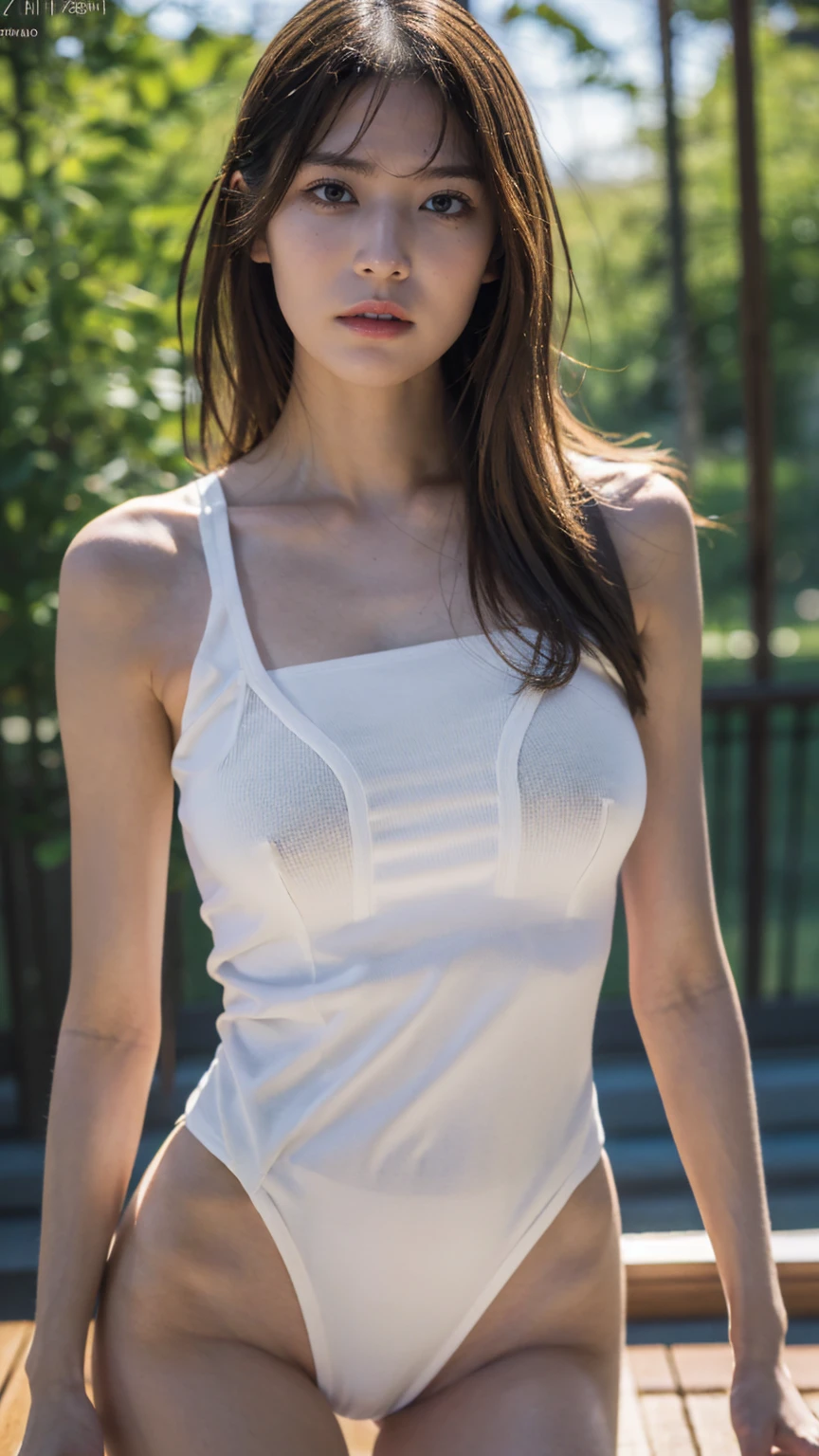 1girl 17 year old, masterpiece, best quality, highest quality, (Front light:1.3), (photorealistic:1.3), natural light, extremely detailed CG unity 8k wallpaper, focused, 8k wallpaper, extremely detailed, ultra realistic, photorealistic, sharp focus, absurdres, (HDR:1.2), (high contrast), photograph, detailed and intricate, instagram, portrait, highly detailed, digital painting, artstation, concept art, smooth, sharp focus, illustration, (whole body:1.8), (big breast size), knit tanktop, ((looking at viewer)), (hips shot), white skin, ((skinny, slim body)). slim thighs, ((long hair))