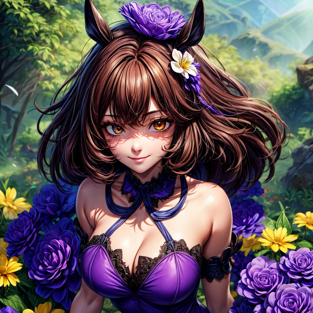 1girl, mature female, adult women, standing in a gigantic flower garden, oversized objects, gigantic flowers, oversized flowers, {{{dark brown hair}}}, {{{Golden eyes}}}, {{purple dress}} purple clothes, small smile, {best quality}, {highres masterpiece.}, 16k {{{medium close up}}}, {facing viewer}