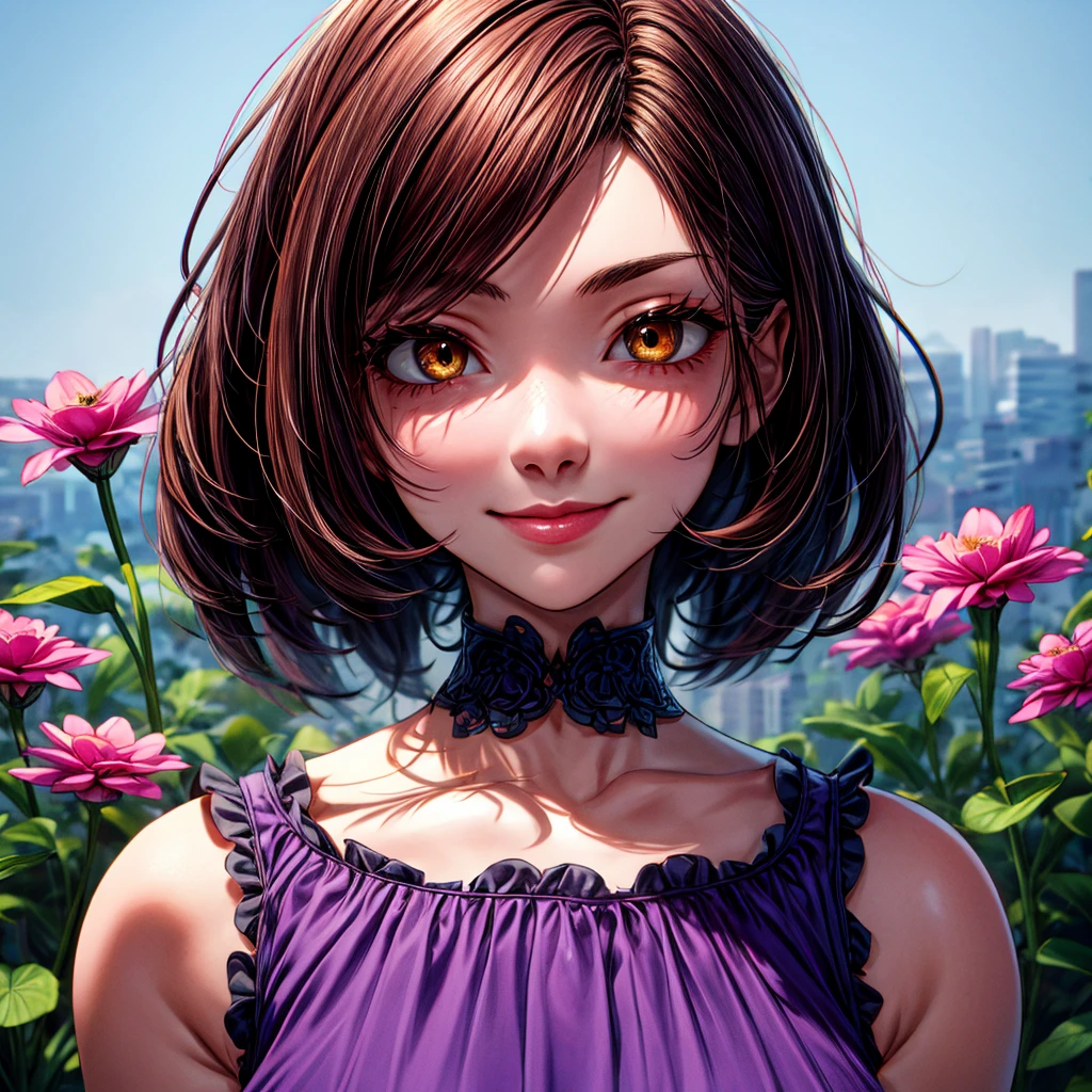 1girl, mature female, adult women, standing in a gigantic flower garden, oversized objects, gigantic flowers, oversized flowers, {{{dark brown hair}}}, {{{Golden eyes}}}, {{purple dress}} purple clothes, small smile, {best quality}, {highres masterpiece.}, 16k {{{medium close up}}}, {facing viewer}