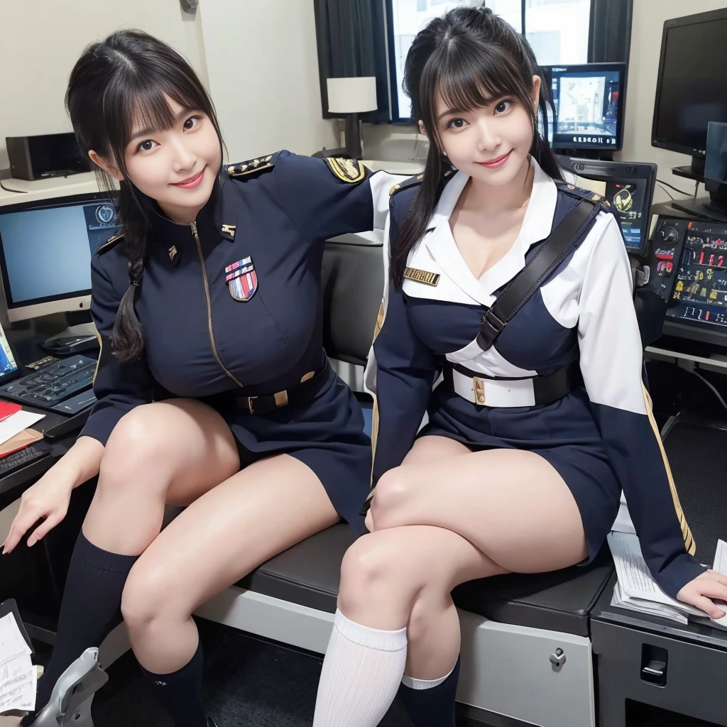 (uniform、soldier、Navy uniform、Micro Mini Skirt、is、Black Hair、Big Ass、Black knee-high socks、operator、Inside the battleship、Panty Shot)、Extremely sexy、Glamorous Body、Smile、Professional Lighting、Beautiful adult woman、Captivating thighs、Very large breasts、Cleavage、Sitting in the control room、Crossing your legs