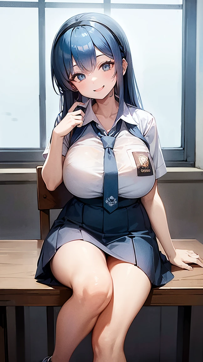 1 woman, ************, (long hair, hairband, blue hair), scared face expression, plump body, blue eyes, Indonesian high-school uniform, (smile:1.4), osis logo on shirt pocket, huge XL breasts, light-grey pleated skirt, sitting on a chair, seductive pose, full body shot, smiling, in the classroom, smile. ako_bluearchive, wearing a mask (mask_pull, white surgical mask, surgical mask fit his face:1.2).