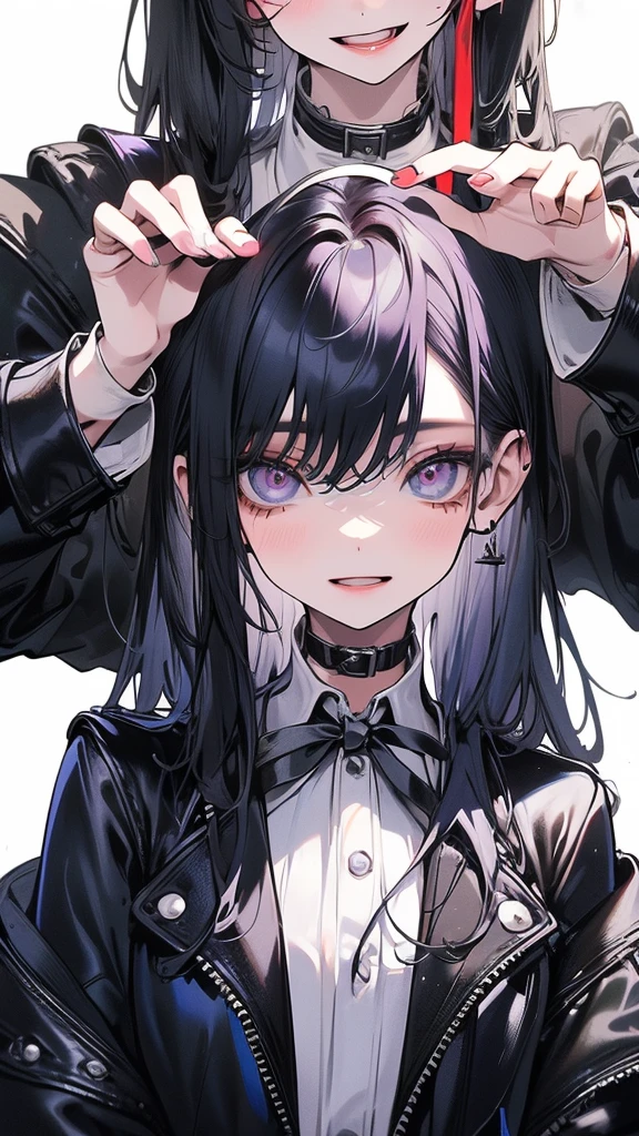 (Top resolution、Distinct_image)top-quality、(A girl) 、masterpiece、highly detailed, half body, Semi-realistic、 lpurple eyes 、18year old,
dark blue hair ,young 、Exquisite facial features、Facial features ,variation potrait, long hairstyles, , teenage, cool , cold sharp eyes, , {Very detailed 8k CG unit wallpaper}, students, whit oversized shirt , black tie, music classroom, (blue jacket on top)