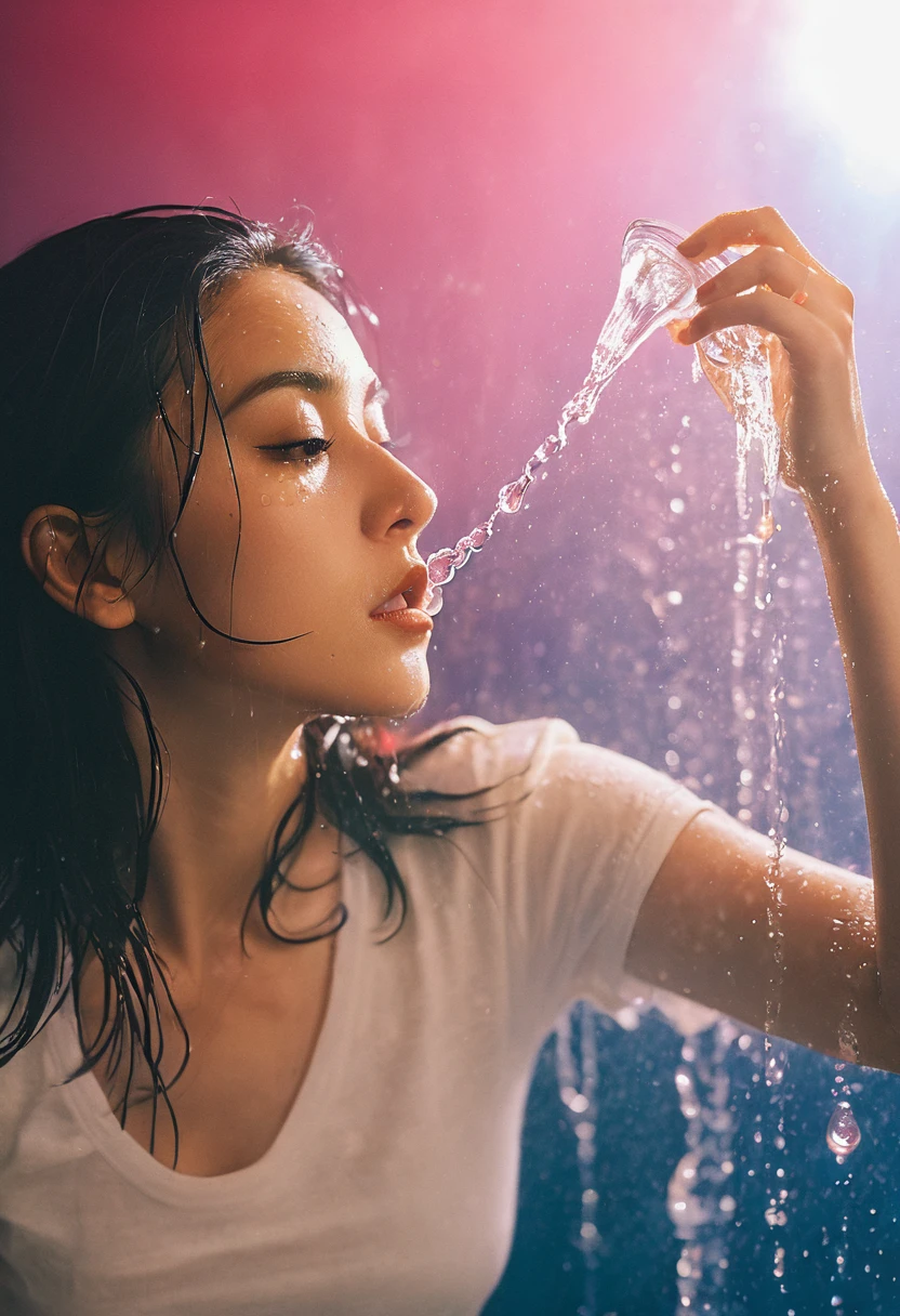 xxmixgirl, 1girl wet tshirt water drops, splash detailed, surreal dramatic lighting shadow (lofi, analog), kodak film by Brandon Woelfel Ryan McGinley