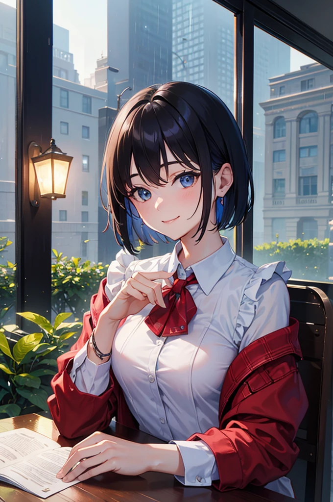 (8K, best quality, masterpiece: 1.2), (Practical, Reality: 1.37), Very detailed, 1 girl, Lovely, Solitary, Beautiful and detailed sky, Detail of cafe, night, sit, date, ( Red and swollen nose), (Smile: 1.15), (Shut up) Small Breasts, Beautiful details, (Collared shirt: 1.1), night, wet, Business Attire, rain, White lace, (short hair: 1.2), NovaFrogStyle,