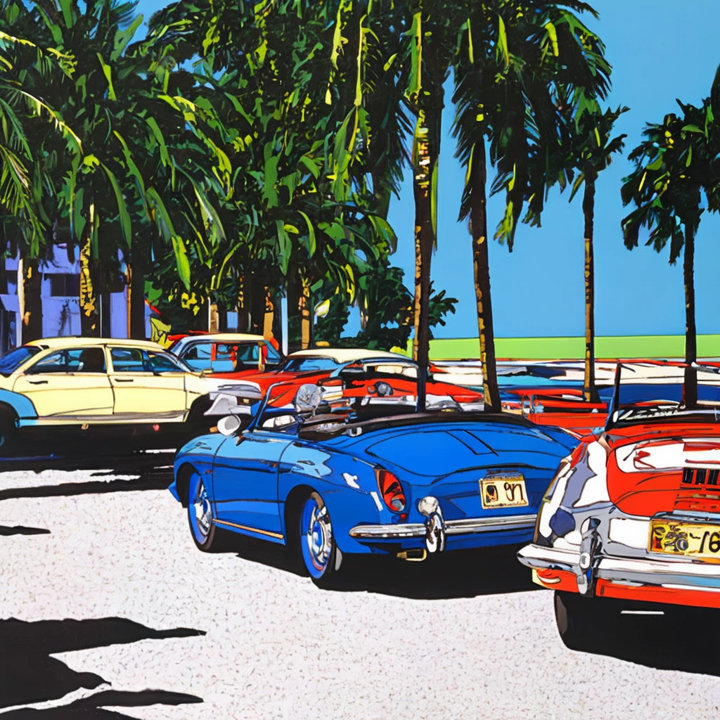 Hideto Suzuki,Classic Cars, Beach，Marina，Palm Tree, street, sports car, blue sky