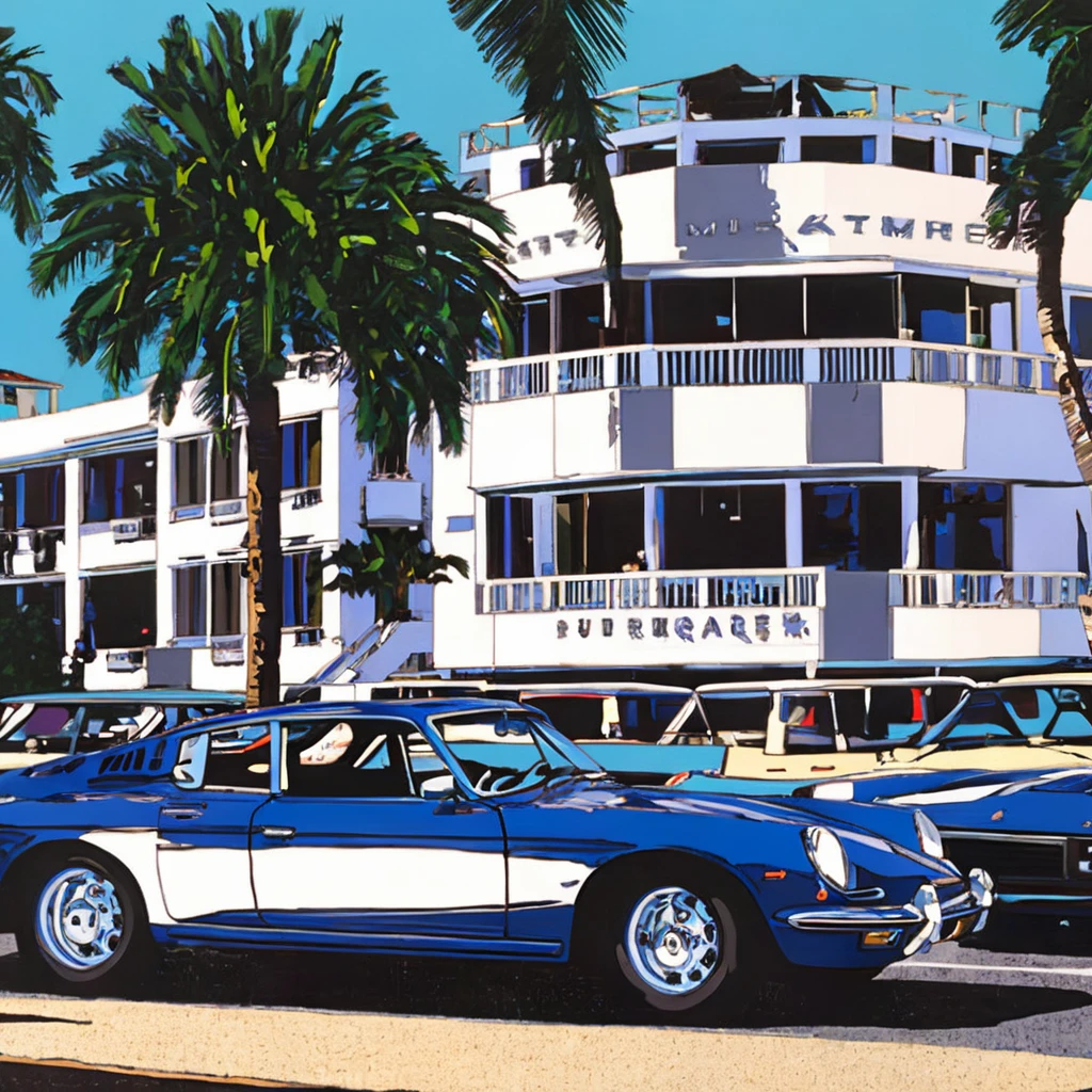 Hideto Suzuki,Classic Cars, Beach，Marina，Palm Tree, street, sports car, blue sky