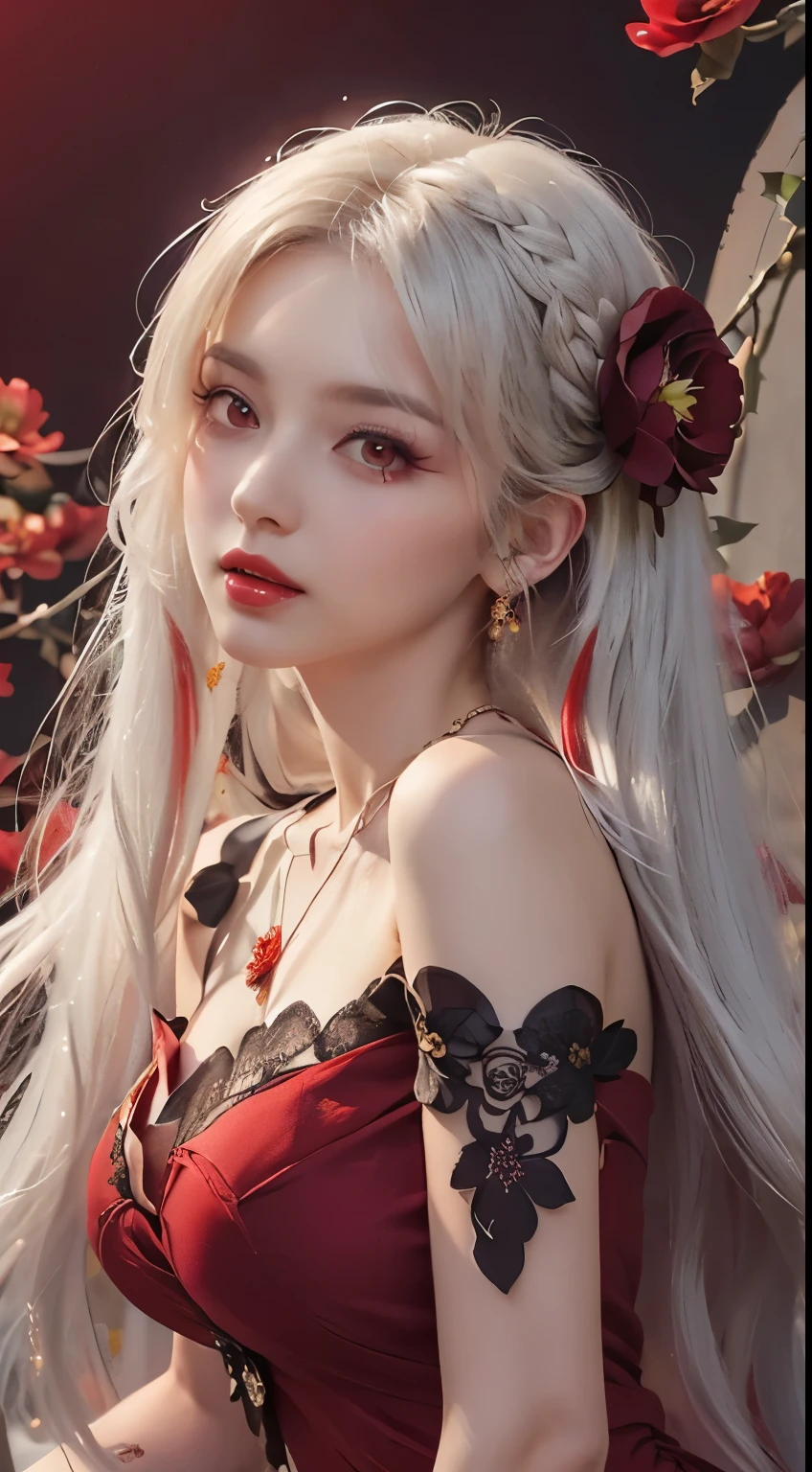 Beautiful and sexy girl in her 20s, ((wearing a very thin red dress:1.8)), dress with diamonds, ((long platinum hair:1.6)), forehead, Jewelry exquisitely crafted with precious stones and beautiful hair, ((wearing a black lace necklace:1.4))), noble, 매우 아름다운 소녀의 noble 스타일, That little face is really cute, her face is really pretty, thin eyebrows, A beautiful face without any blemishes, ((black eyes: 0.8)), really beautiful eyes, ((light red eyes: 1.5)), Eyelashes with great makeup and hair details, Stimmy Eye Makeup, high nose, earring, red lips, ((closed mouth: 1;5 )) beautiful lips, slender hands, The most beautiful thighs, ((open your arms to the sides.: 1.5) ), rosy face, clean face, A beautiful face without any blemishes, smooth white skin, (big bust: 1.5)), ((high breasts: 1.6) ), firm breasts, beautiful cleavage, (((big bust and super round: 1.8))), ((super firm breasts: 1.7)) , beautiful breasts, back arm, Stick out your chest, Sheer black mesh stockings with black lace trim., 8K photos, super high quality, surreal, super 10x pixel, optics, Bright Studio, Light edges, dual-tone light, (high detailed skin:1.2), Super 8K, soft light, high quality, volumetric light, realistic, realistic high resolution, light, best photo, 4K, 8K quality, blur effect, soft sharp, 10xpixels, ((Red flower background:1.7)), Aurora, Lightning, Super graphic realistic, The most realistic graphics, alone, alone, very clear image, surreal인, girl's upper body, (((Frontal portrait: 1.6)))."