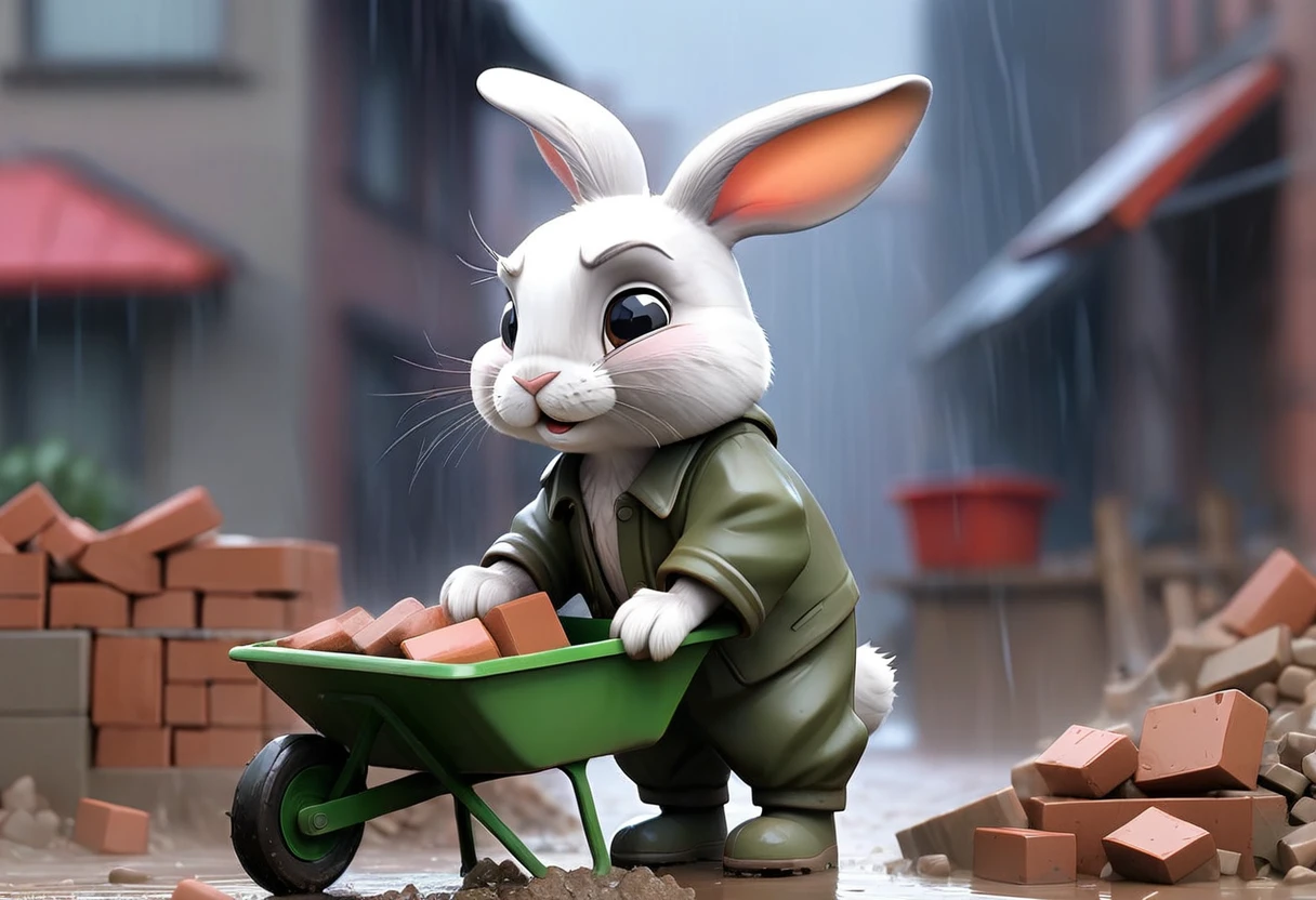 A sad little bunny pushing a wheelbarrow full of bricks in a rainstorm。The little rabbit is soaked、Dirty,Wearing ragged clothes,Sad expression,There are tears。The background is a construction site,Workers are carrying cement,There's water all over the ground。The picture is very real,Rich in details。