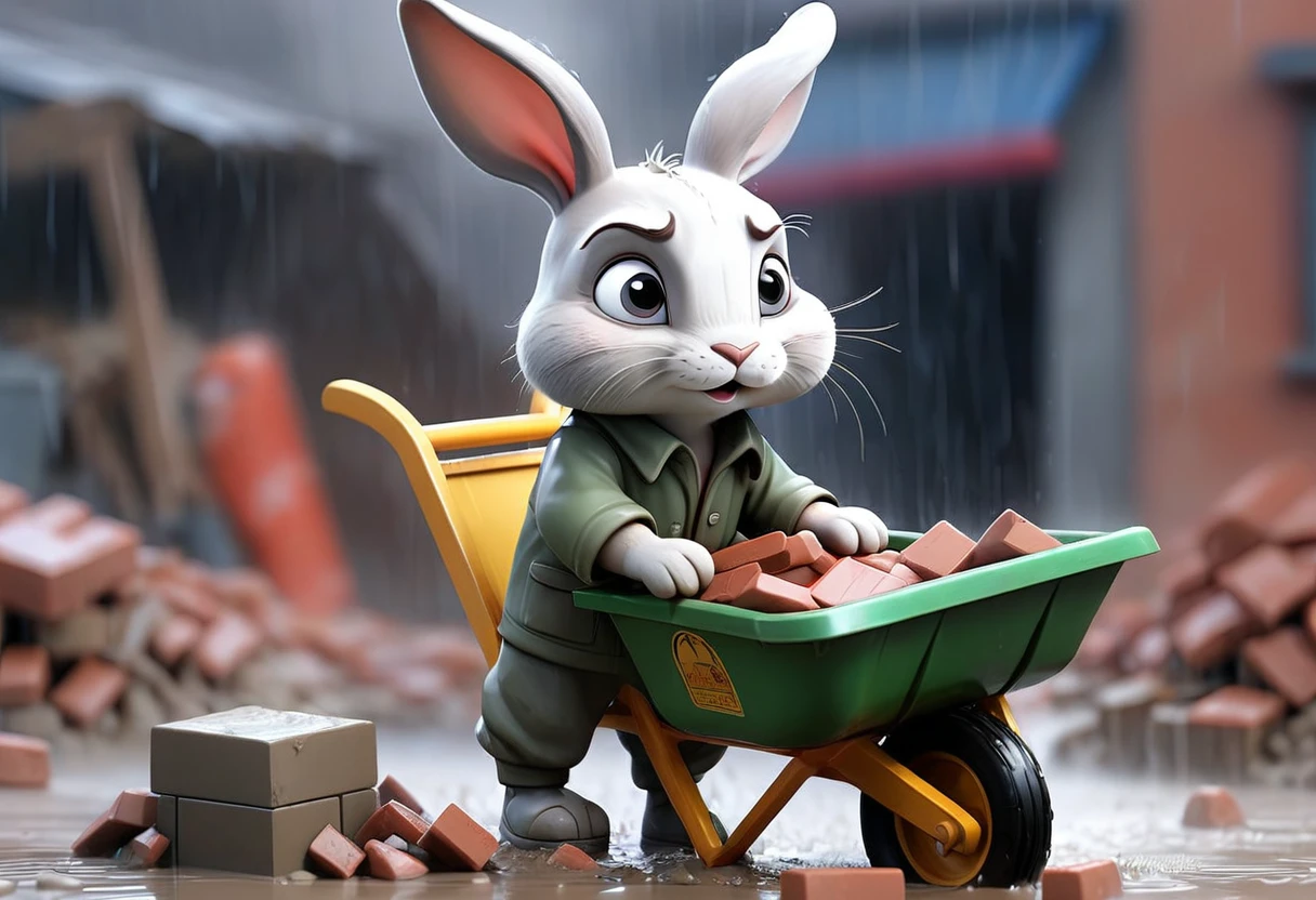 A sad little bunny pushing a wheelbarrow full of bricks in a rainstorm。The little rabbit is soaked、Dirty,Wearing ragged clothes,Sad expression,There are tears。The background is a construction site,Workers are carrying cement,There's water all over the ground。The picture is very real,Rich in details。
