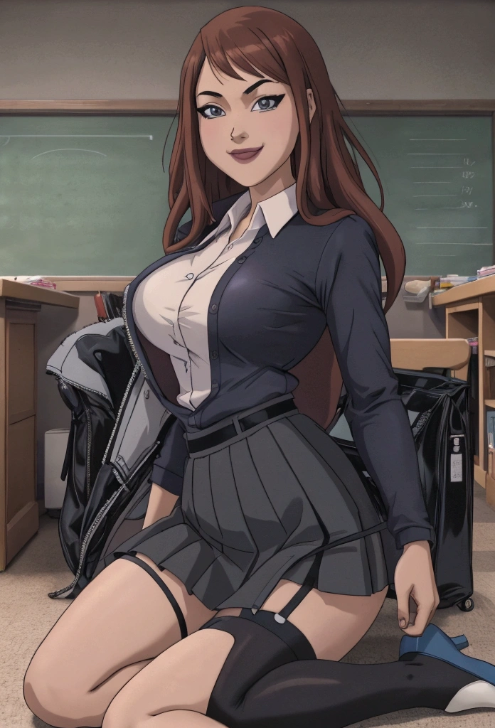 cartoon of a woman in a sitting on the floor, realistic schoolgirl, hyperrealistic , a hyperrealistic , school girl, seductive anime girl, cute , beautiful anime high school girl, commission for high res, thighhighs and skirt, teasing smile, wearing skirt, marin kitagawa fanart, smooth anime cg art, cyber school girl