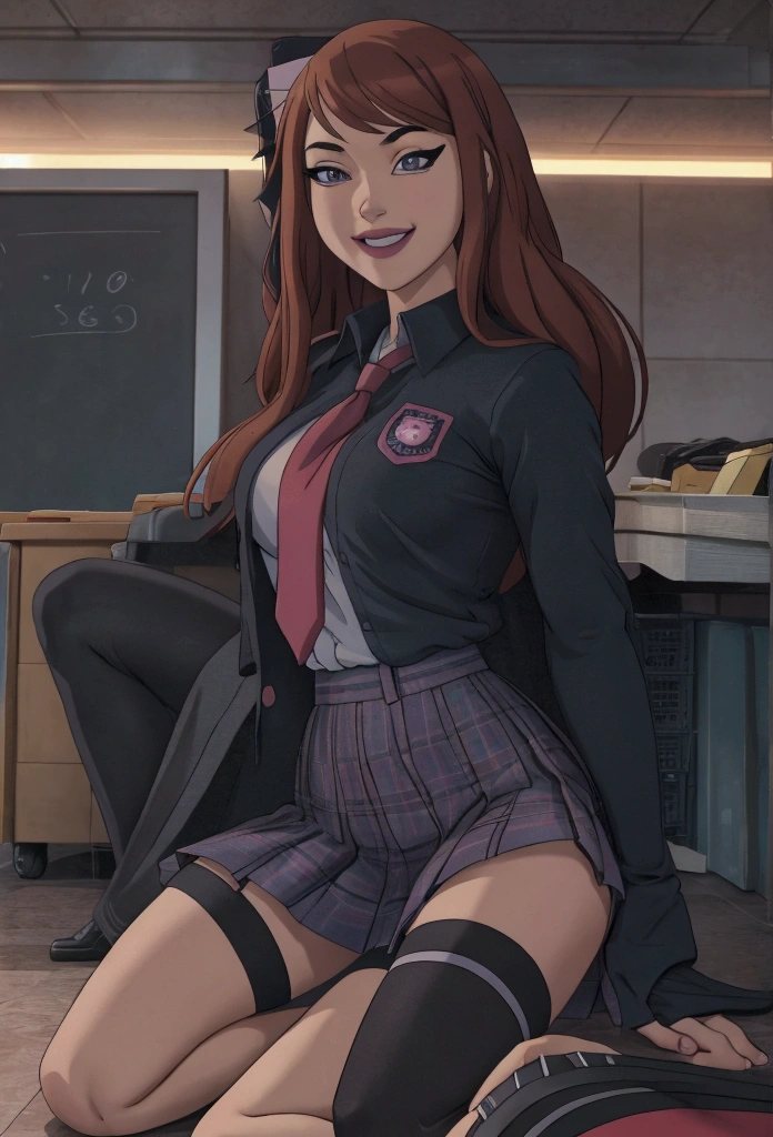cartoon of a woman in a  sitting on the floor, realistic schoolgirl, hyperrealistic , a hyperrealistic , school girl, seductive anime girl, cute , beautiful anime high school girl, commission for high res, thighhighs and skirt, teasing smile, wearing skirt, marin kitagawa fanart, smooth anime cg art, cyber school girl