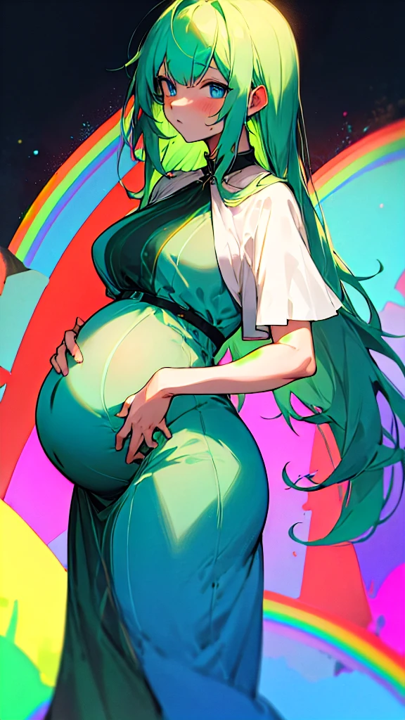 Pregnant woman, dark green hair, blue eyes, rainbow dress